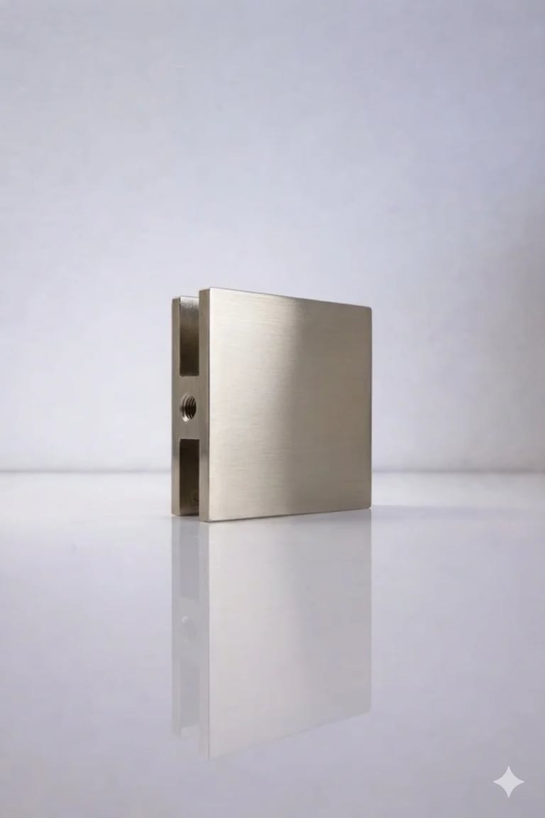 Stainless steel square clamp connector on white reflective surface with gray background