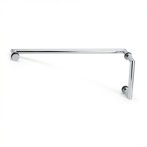 Chrome L-shaped grab bar with round mounting brackets for bathroom safety support