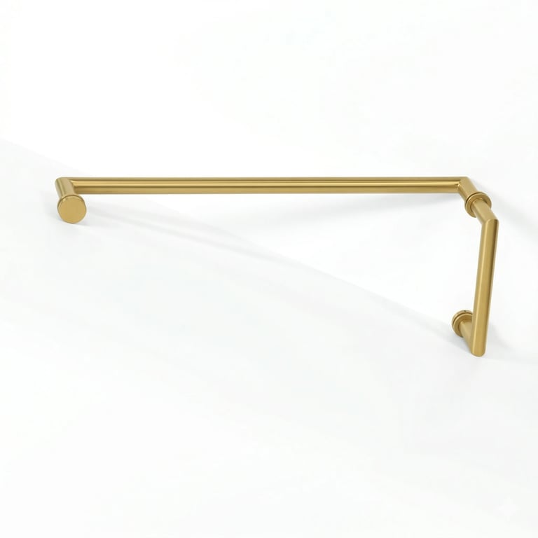 Brass towel bar with cylindrical knobs mounted on white background