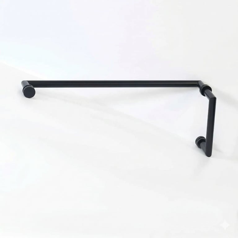 Black metal towel bar with L-shaped design and mounting hardware on white background