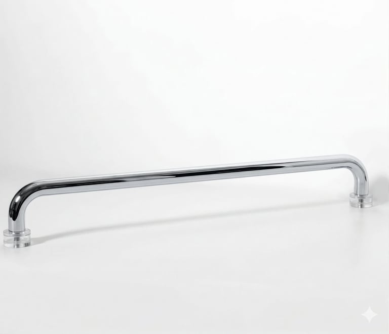 Chrome and black tubular pull handle with rounded ends on white background