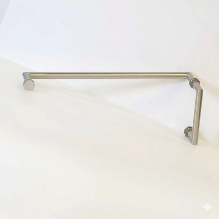 Stainless steel L-shaped towel bar mounted on white wall with circular end caps