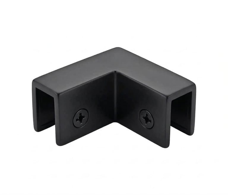 Black plastic corner bracket with two screw holes and hollow rectangular ends for joining materials at right angles